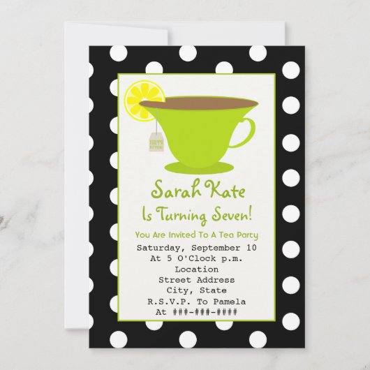 Invitation Tea Party Anniversaire - Polka Dot & Green (Devant)