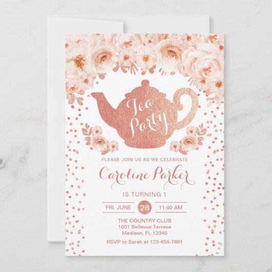 Invitation Tea Party Anniversaire - Rose or blanc rose floral (Devant)