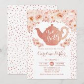 Invitation Tea Party Anniversaire - Rose or blanc rose floral (Devant / Derrière)
