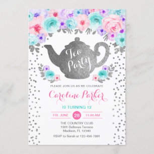 Invitation Tea Party Anniversaire - Silver Turquoise rose vio