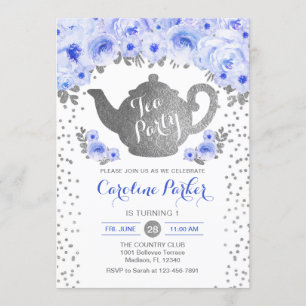 Invitation Tea Party Anniversaire - Silver White Blue Floral