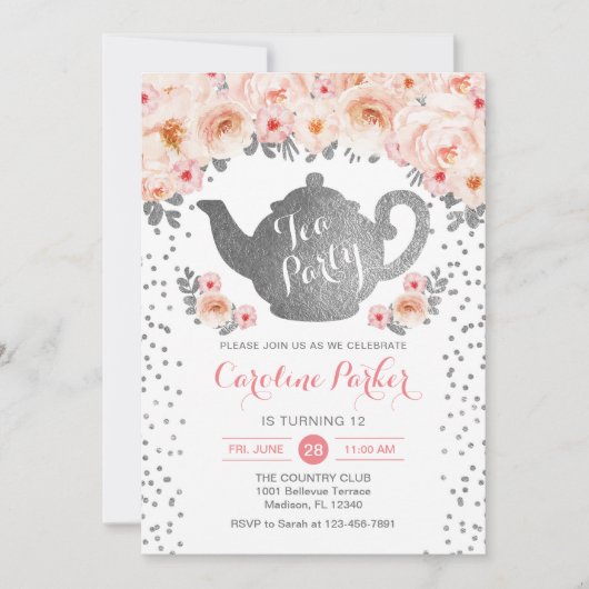 Invitation Tea Party Anniversaire - Silver White Pink (Devant)