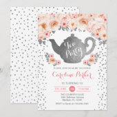 Invitation Tea Party Anniversaire - Silver White Pink (Devant / Derrière)