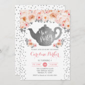 Invitation Tea Party Anniversaire - Silver White Rose Floral (Devant / Derrière)