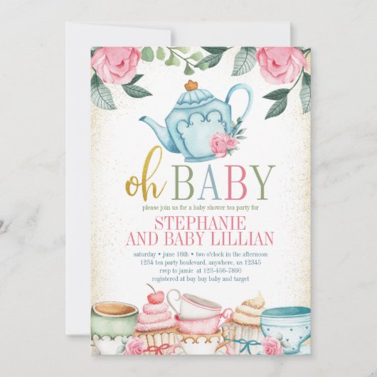 Invitation Tea Party Aquarelle Baby shower Floral (Devant)