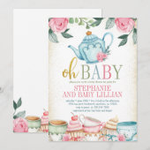 Invitation Tea Party Aquarelle Baby shower Floral (Devant / Derrière)