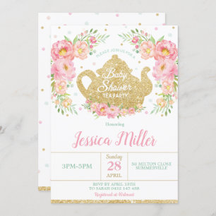 Invitation Tea Party Baby shower à la menthe rose Floral