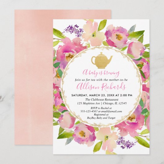 Invitation Tea party baby shower Boho rose pastel (Devant / Derrière)