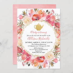 Invitation Tea party baby shower invitation, corail rousse ro