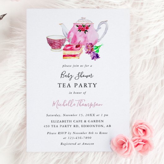 Invitation Tea Party Baby shower mignon Script Teapot rose