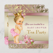 Invitation Tea Party Baby shower rose et or (Devant / Derrière)