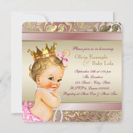Invitation Tea Party Baby shower rose et or (Dos)