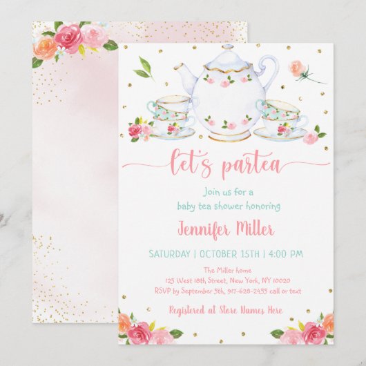 Invitation Tea Party Baby shower rose or Floral (Devant / Derrière)