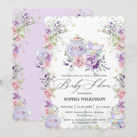 Invitation Tea Party Baby shower rose violet (Devant / Derrière)