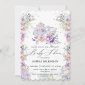 Invitation Tea Party Baby shower rose violet (Devant)