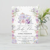 Invitation Tea Party Baby shower rose violet (Debout devant)