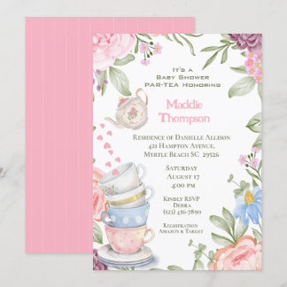 Invitation Tea Party Baby shower vert rose élégant