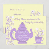 Invitation Tea Party Baby shower violet et jaune (Devant / Derrière)