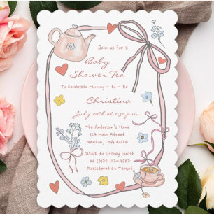Invitation Tea Party Baby shower Whimsical tiré à la main