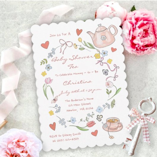 Invitation Tea Party Baby shower Whimsical tiré à la main