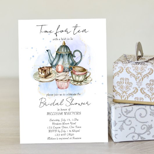 Invitation Tea party bleu gris aquarelle nuptiale