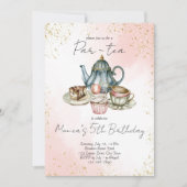 Invitation Tea party bleu rose aquarelle fête d'anniversaire (Devant)