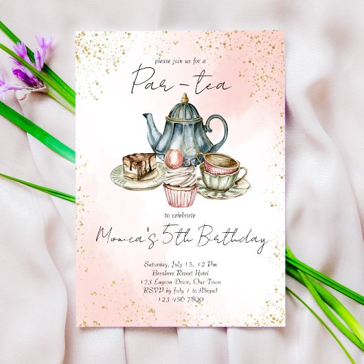 Invitation Tea party bleu rose aquarelle fête d'anniversaire
