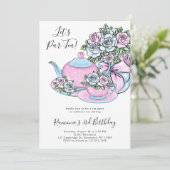 Invitation Tea Party bleu rose floral fête d'anniversaire (Debout devant)