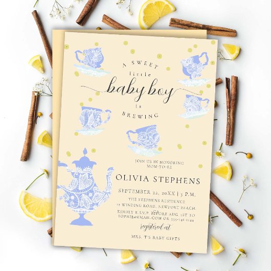 Invitation Tea Party Blue Elegant Boho Lace Baby Boy Douche