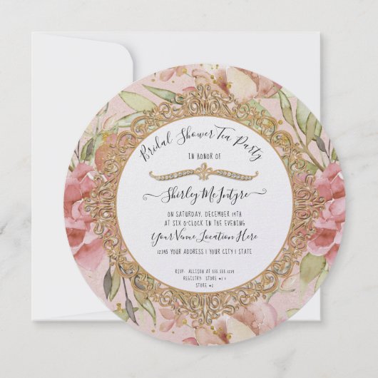 Invitation Tea Party Blush rose Floral Fête des mariées or (Dos)