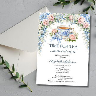 Invitation Tea Party Bridal Shower, Pink Blue Garden Florals