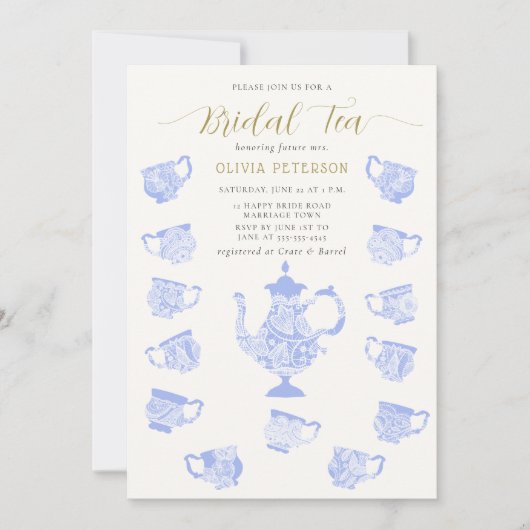 Invitation Tea Party Chinoiserie Blue Boho Lace Fête des mari (Devant)