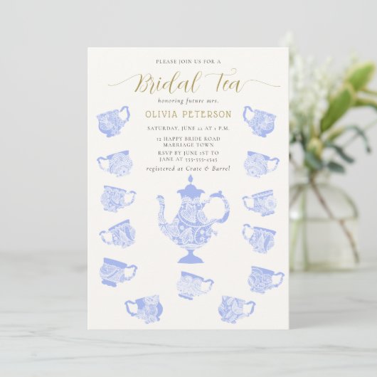 Invitation Tea Party Chinoiserie Blue Boho Lace Fête des mari (Debout devant)