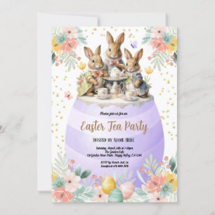 Invitation Tea Party de Pâques Aquarelle Bunny Purple Pastel