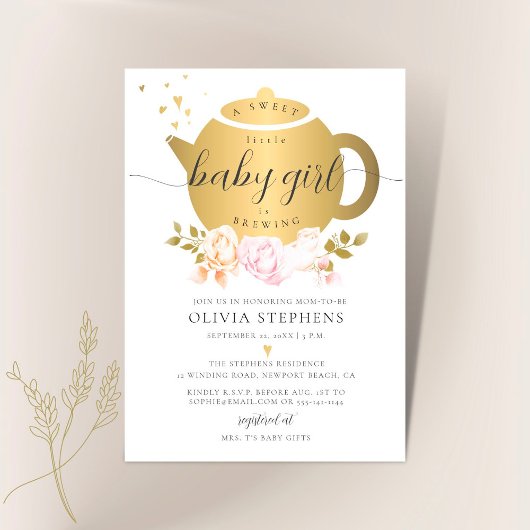 Invitation Tea Party Elégant Rose d'or moderne Baby shower