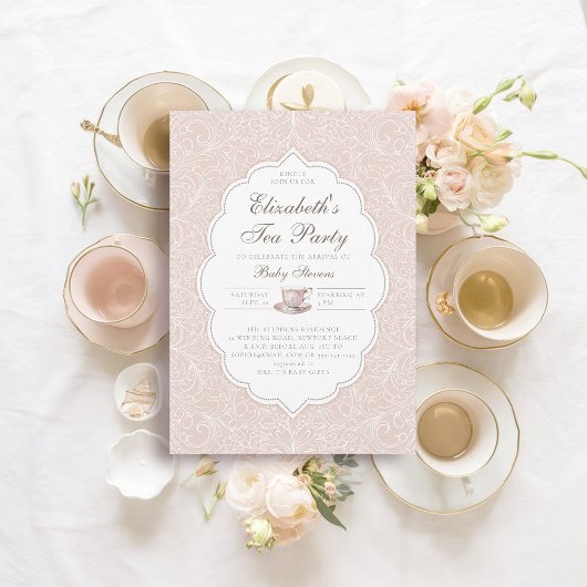 Invitation Tea Party Élégante dentelle Pêche rose Baby shower