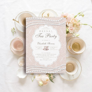 Invitation Tea Party Elégante Lace Pearls Peach Fête des mari