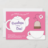 Invitation Tea Party Enfants 1er anniversaire Filles roses et (Devant)