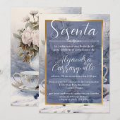 Invitation Tea Party espagnol Blue élégant 60e anniversaire (Devant / Derrière)