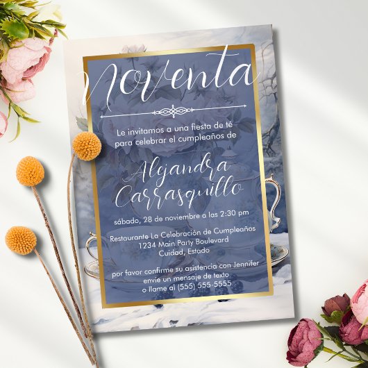 Invitation Tea Party espagnole Chic Blue Gold 90e anniversair