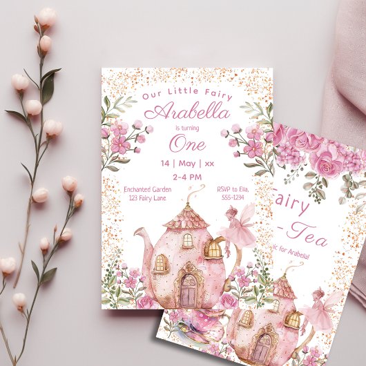 Invitation Tea Party Fairy Girl Blush Rose Flowers Anniversai