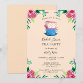 Invitation Tea Party Fête des mariées Fleurs roses Teacups (Devant / Derrière)