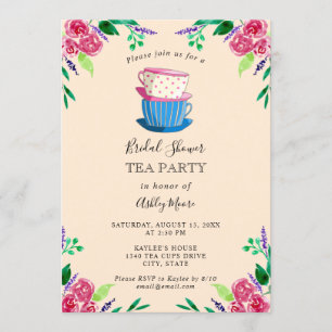 Invitation Tea Party Fête des mariées Fleurs roses Teacups