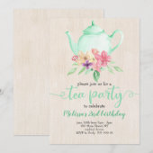 Invitation Tea Party Fille Anniversaire Monnaie Aquarelle Tur (Devant / Derrière)