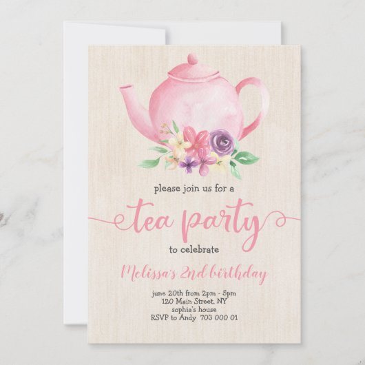 Invitation Tea Party fille Anniversaire rose Aquarelle Rustiq (Devant)