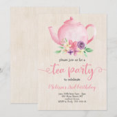 Invitation Tea Party fille Anniversaire rose Aquarelle Rustiq (Devant / Derrière)