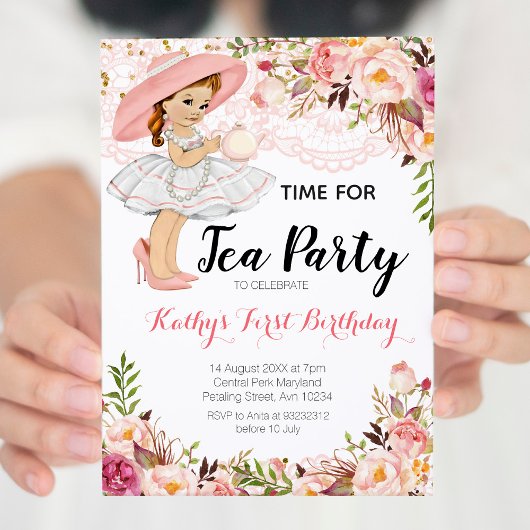 Invitation Tea Party Floral Rose Girl Anniversaire