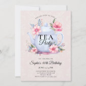 Invitation Tea Party Floral Teapot Damask Rose 40e anniversai (Devant)