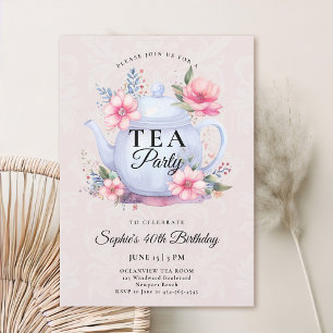 Invitation Tea Party Floral Teapot Damask Rose 40e anniversai
