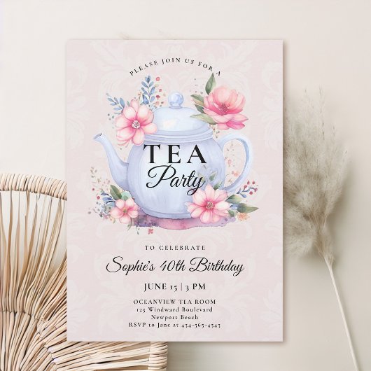 Invitation Tea Party Floral Teapot Damask Rose 40e anniversai